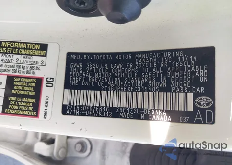 2015 Toyota Corolla Le из США, поврежденный, VIN 2T1BURHEXFC315405